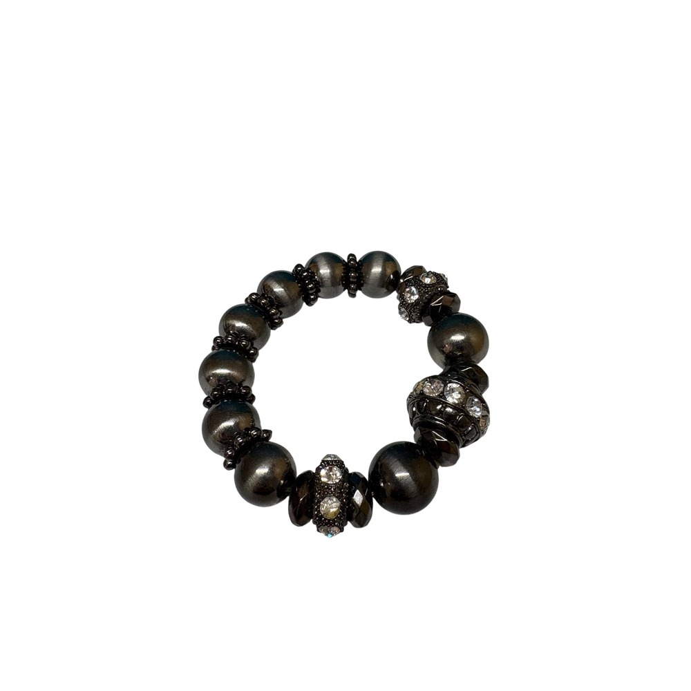 Gunmetal Stretch Bead Bracelet Rhinestone Accents Pewter Metallic Statement